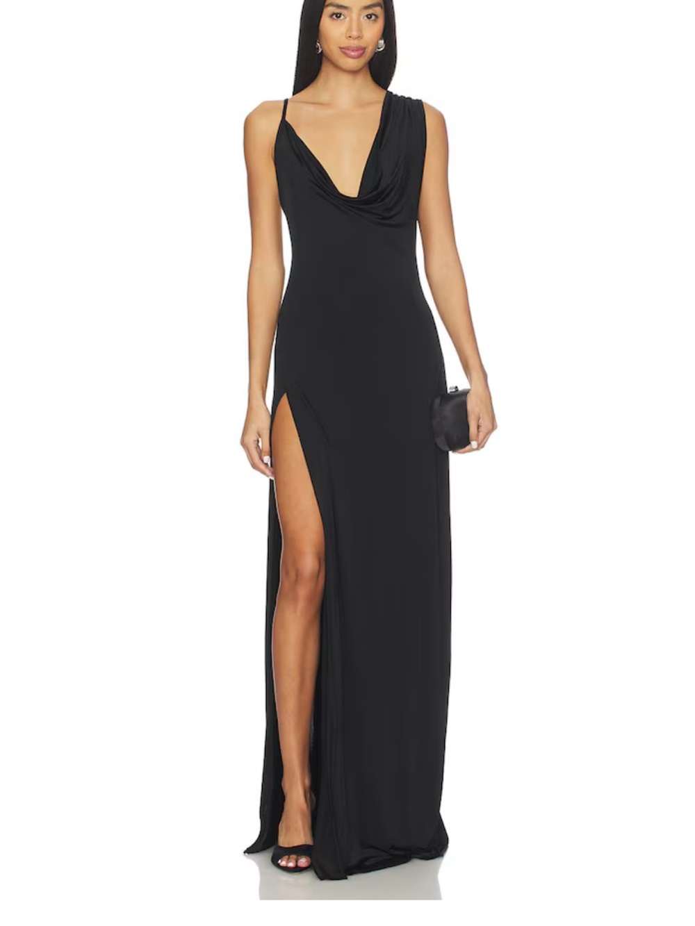 NBD NWT Tessa draped shoulder satin black maxi formal party dress sz XL